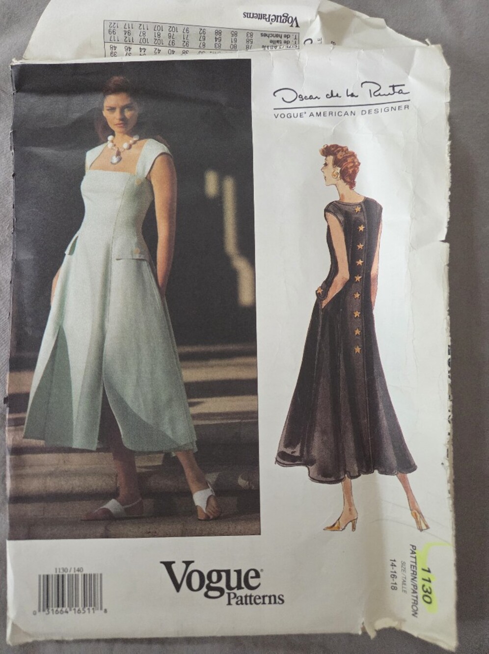 Vintage Vogue Oscar de la Renta Dress Sewing Pattern 1130 Size 14-16-18